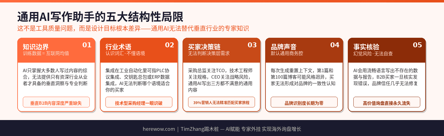 通用AI写作工具B2B博客五大局限对比概念图