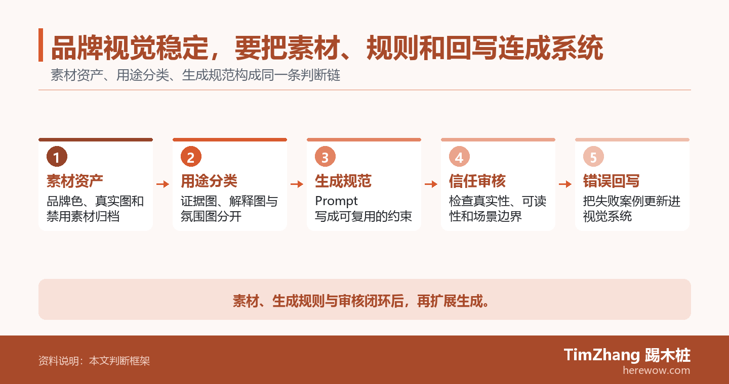 品牌视觉稳定，要把素材、规则和回写连成系统的判断路径图，展示关键条件、证据和行动关系。