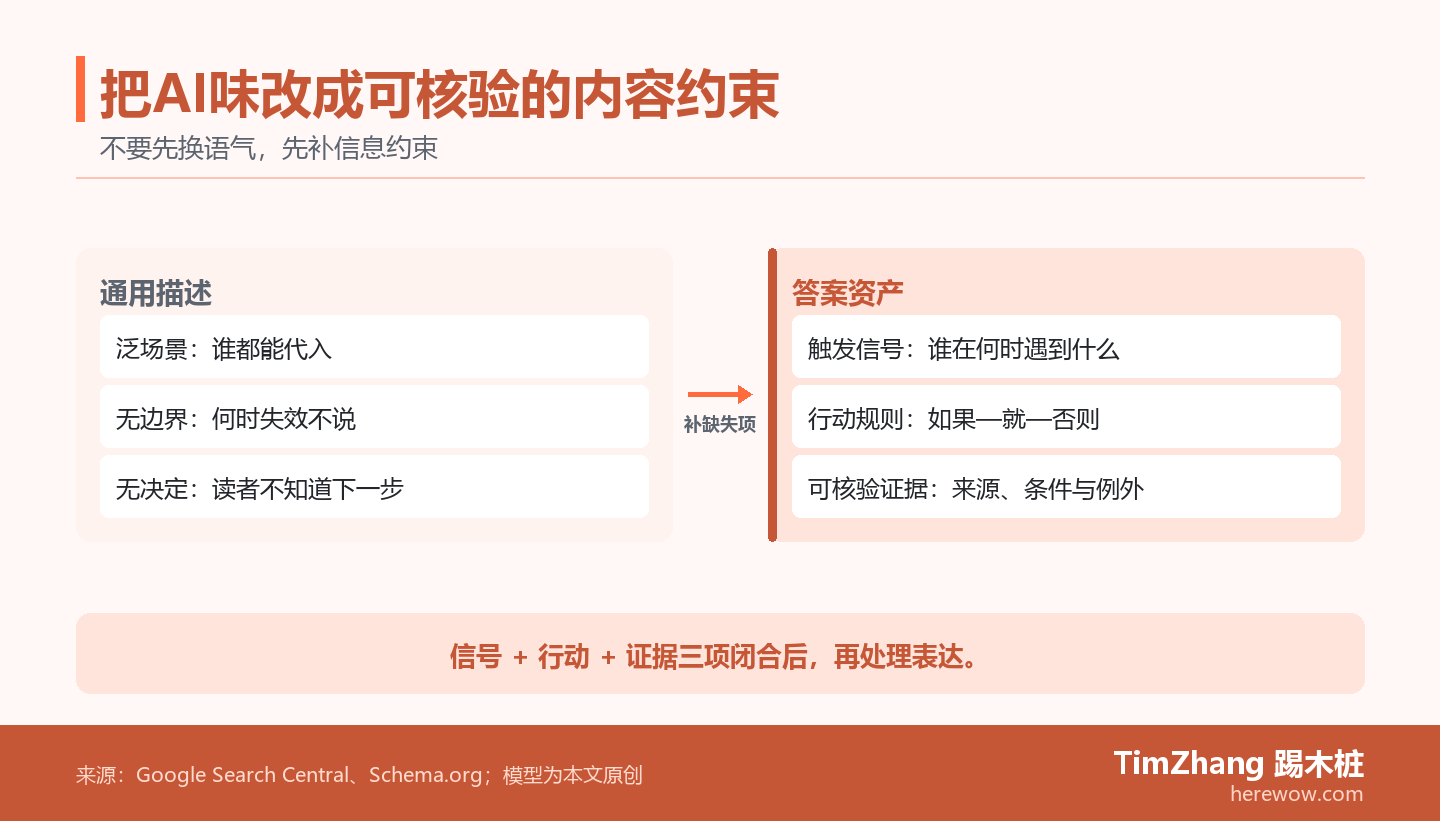 前后对照图:左侧通用AI写法只有泛场景、无边界和无决定;右侧可核验答案包含触发信号、行动规则和证据。